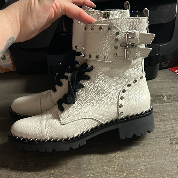 Sam Edelman Womens Jennifer Combat Boots Size 7.5 White Leather Textured Zip Up - Picture 2 of 7